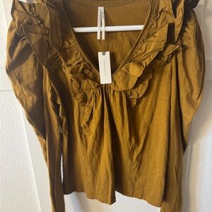 Anthropologie Mustard Ruffled Blouse | Long Sleeve | Size Small
